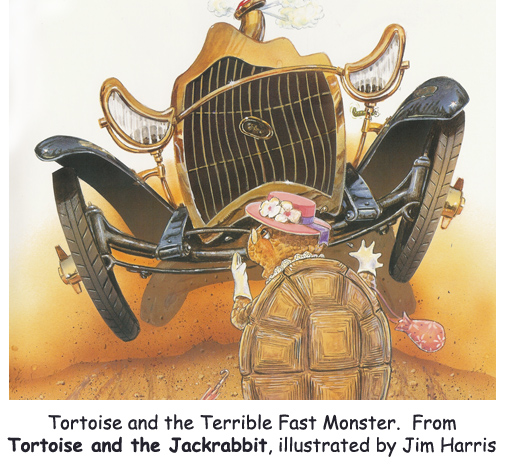 ‘Tortoise and the Terrible Fast Monster’  Saturated color to the rescue on Ms. Tortoise’s hat!  Fairy tale art, from Jim Harris.